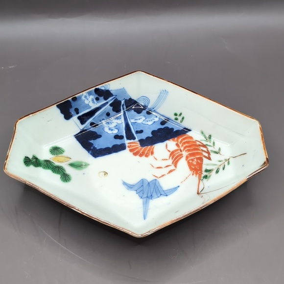 Antique Japanese Imari Porcelain Hexagonal Serving Bowl Dish Shrimp Crane Motif - Picture 5 of 14